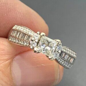 14K White Gold Princess Cut Diamond Pave Accents Engagement Ring Size 5.25